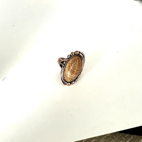 Rose Gold Plated Sterling Silver Jasper Stone Statement Bezel Ring US 6.75 - Picture 2 of 6